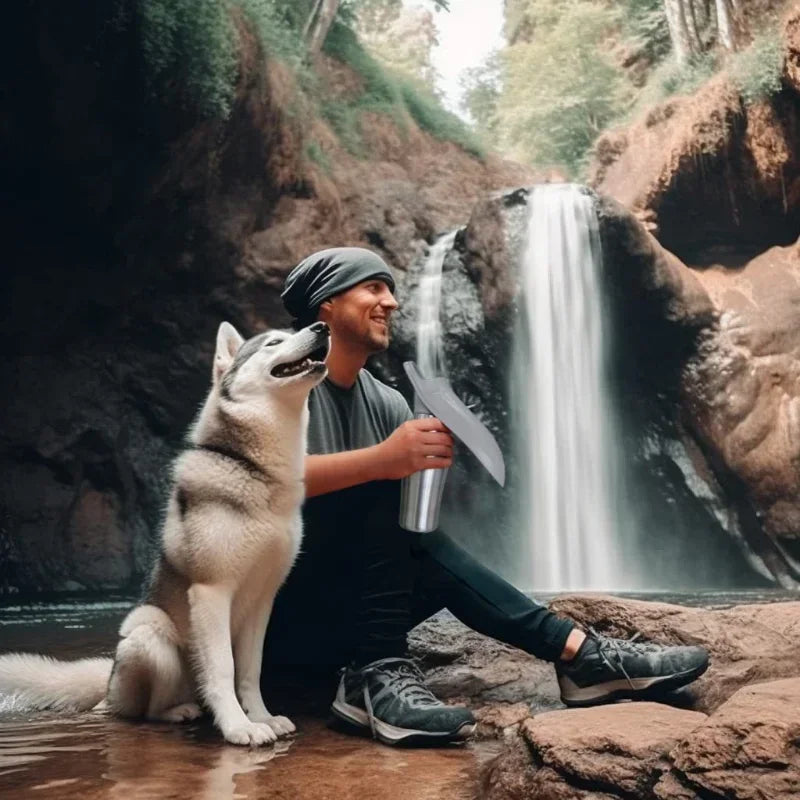Gourde pour chiens Acier inoxydable chien assis près chute avec son maitre