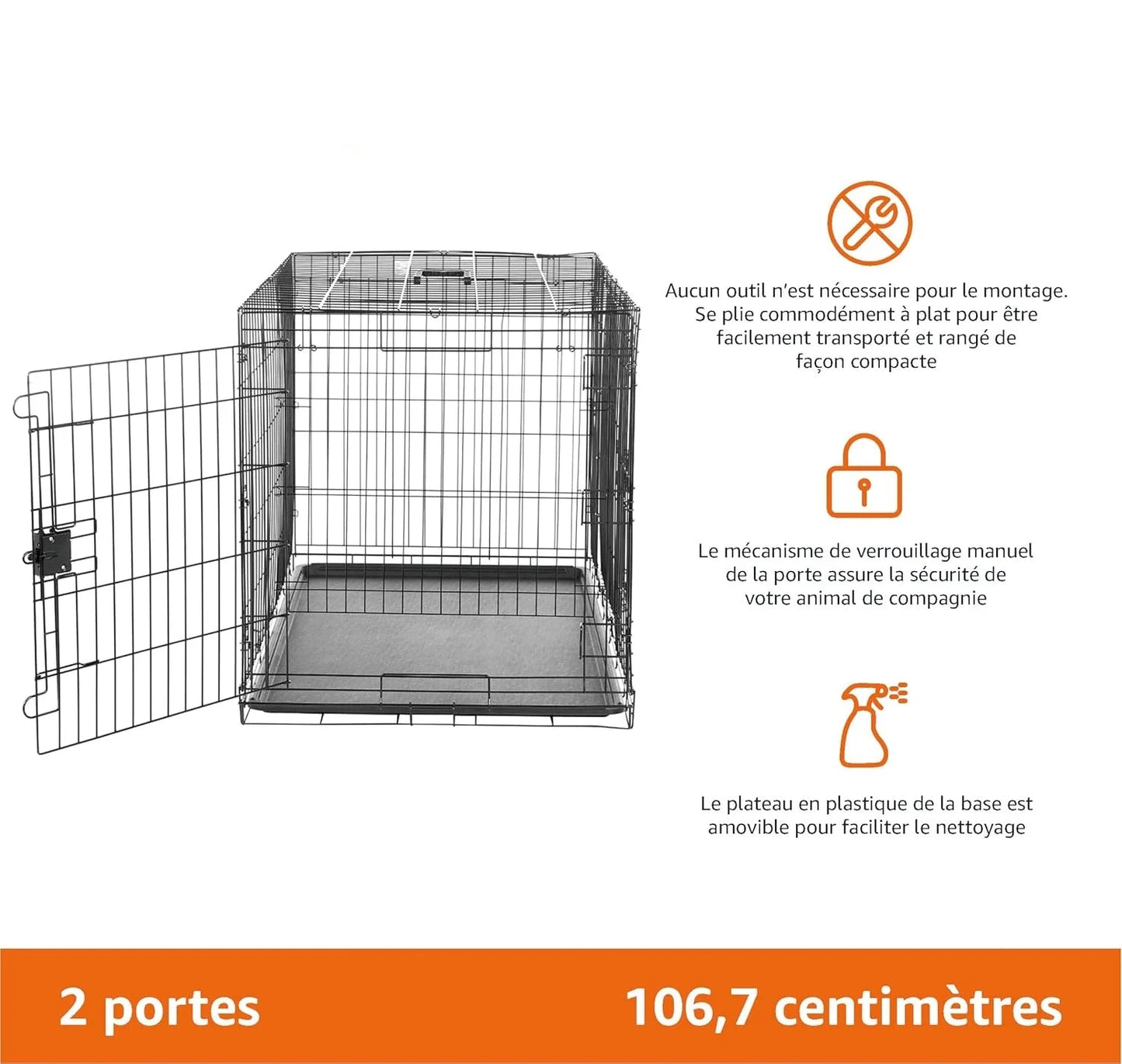 Cage de transport pour chien 2 portes 106,7 cm – infographie montage, verrouillage et nettoyage