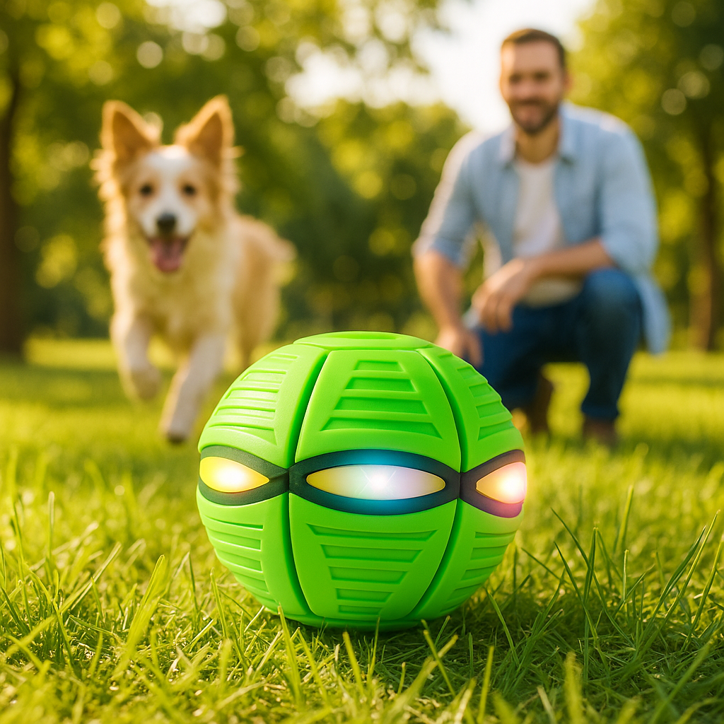 Chien et maitre jouent avec jouet interactif pour chien LumiSphere™
