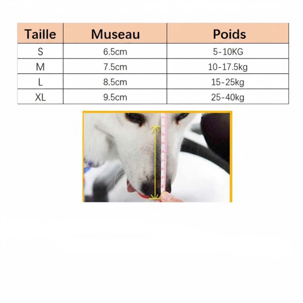 Muselière chien anti aboiement avec guide des tailles et mesure du museau