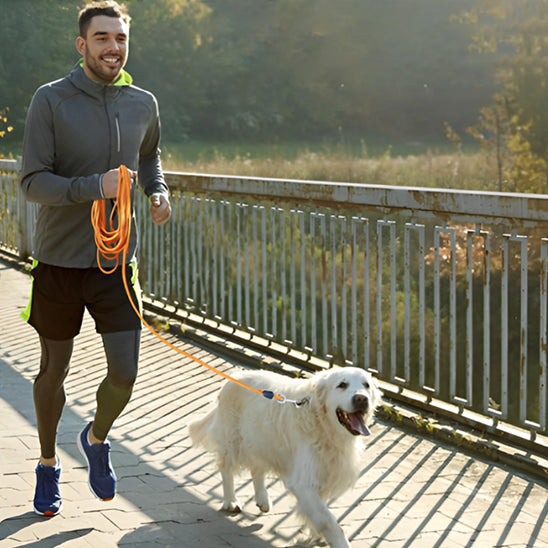 Homme court avec son chien tenu par une longe pour chien