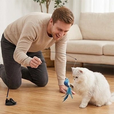 Homme qui joue avec son chat blanc à l'aide d'un jouet oiseau à plumes bleues sur tige