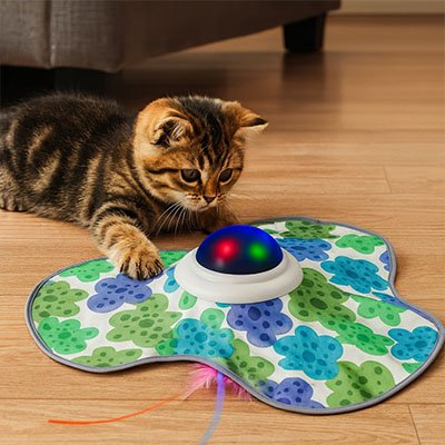 Jouet pour chat contre l'ennui – chat allongé qui attrape les plumes du tapis à boule LED
