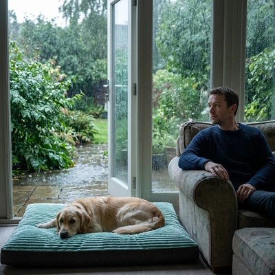 Matelas pour chien près d'une baie vitrée avec vue sur jardin