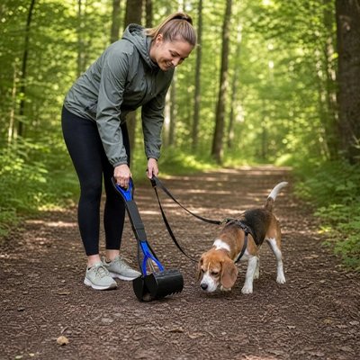 Pelle ramasse-crotte hygiénique utilisée en balade avec deux chiens sur sentier