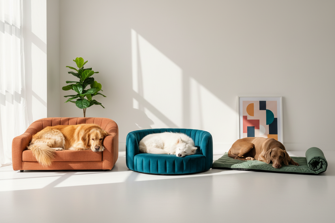 Trois types de couchages pour chien : lit orthopédique terracotta, panier bleu canard et tapis vert sauge avec chiens — Royaume Animalier