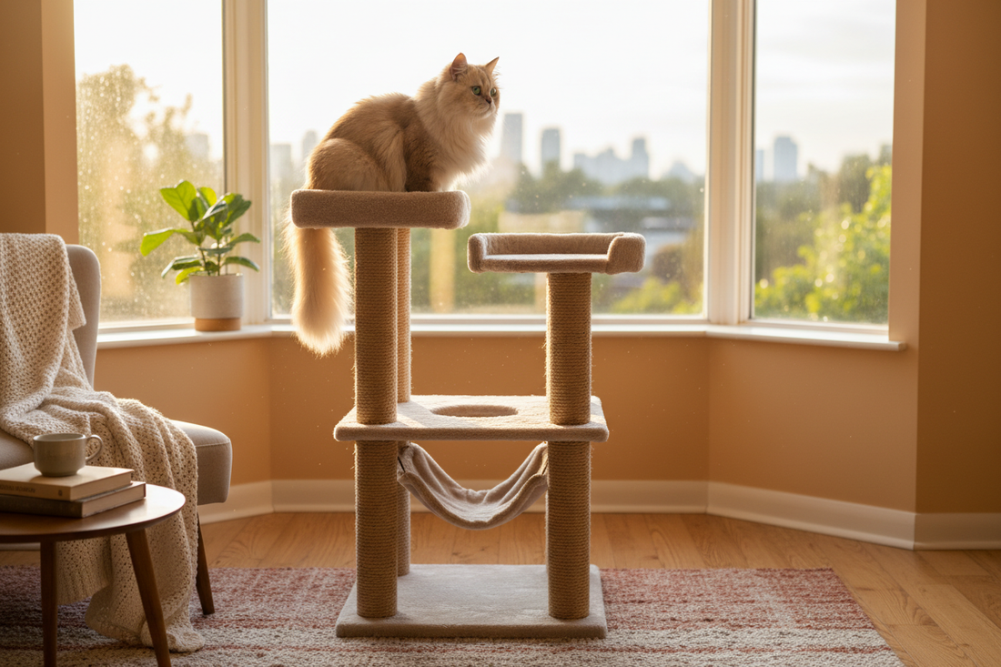 Chat installé sur un arbre à chat près d'une fenêtre lumineuse
