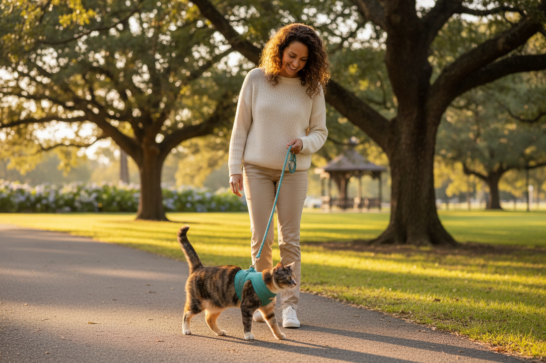 Chat portant un harnais et une laisse se promenant à l'extérieur avec son maître