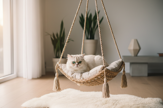 Chat roux se prélassant dans un hamac suspendu en rotin, ambiance cosy et lumière naturelle