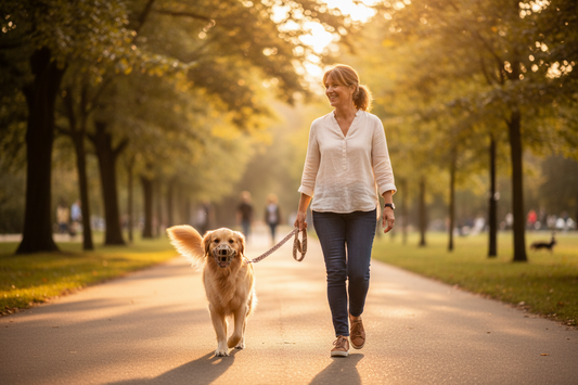 Un chien en muselière, tenu en laisse, aux côtés de son maître souriant dans un parc, avec une ambiance lumineuse et chaleureuse.