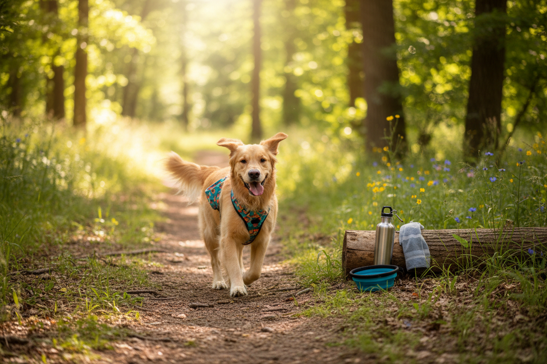 olden retriever en balade estivale avec harnais coloré — accessoires chien été Royaume Animalier