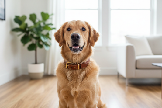 Chien Golden Retriever portant un collier en cuir élégant dans un intérieur moderne