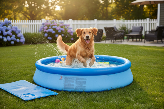 Chien golden retriever qui joue dans une grande piscine avec un tapis rafraîchissant à côté sur la pelouse