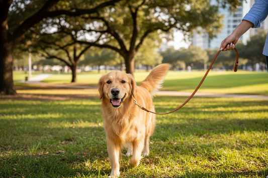 Chien blond en promenade avec laisse