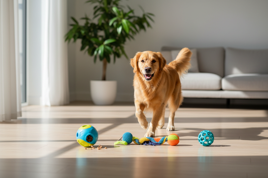 Chien golden retriever jouant avec un jouet interactif à la maison — Royaume Animalier