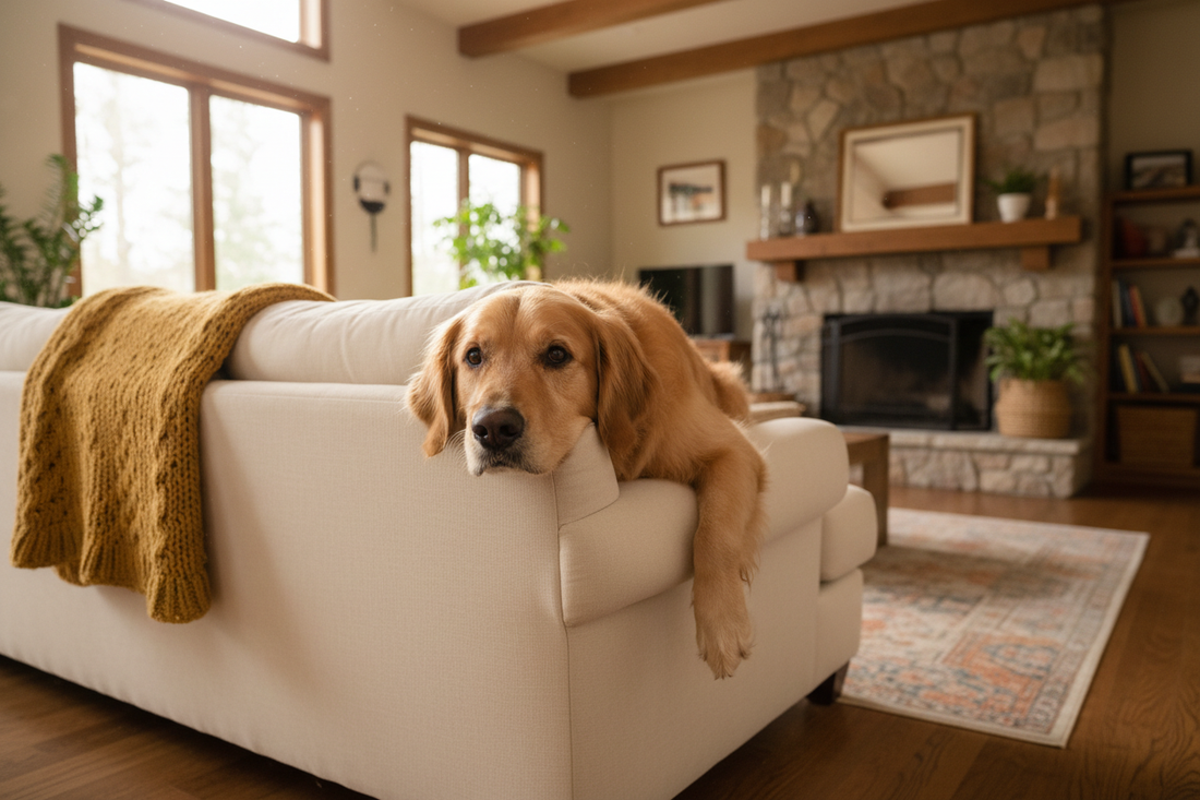 Golden retriever allongé sur un canapé qui s'ennuie à la maison — Royaume Animalier
