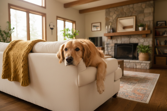 Golden retriever allongé sur un canapé qui s'ennuie à la maison — Royaume Animalier