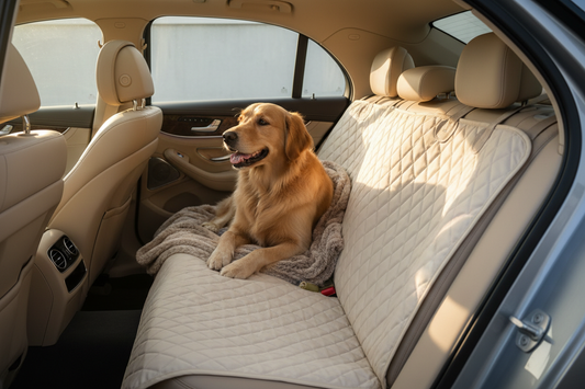 Un golden retriever bien installé sur sa housse de siège, lumière naturelle et ambiance chaleureuse