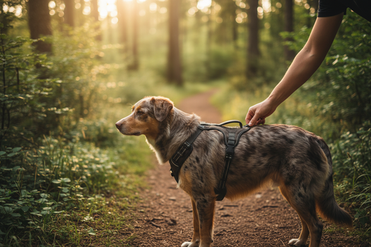 comment mettre un harnais pour chien - ajustement sangle harnais sur sentier de randonnée