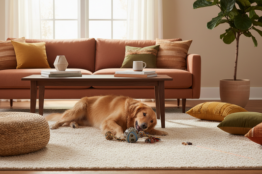 Chien qui joue avec des jouets interactifs à la maison pour se stimuler mentalement