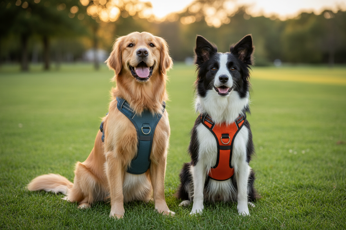 comparatif harnais pour chien - deux chiens portant un harnais anti-traction et classique