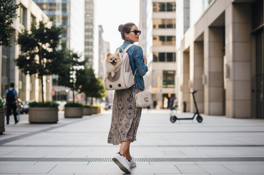 Jeune femme en ville avec son chien dans un sac à dos