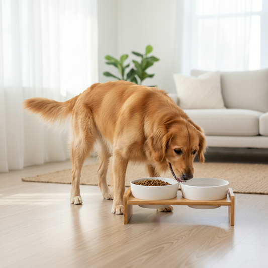 Golden Retriever mangeant dans une gamelle pour chien en céramique double bol avec support bambou