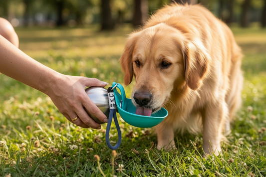 Gourde pour chien portable utilisée en balade en pleine nature