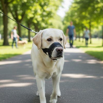 Comment attacher une muselière à son chien : chien blanc portant une muselière noire lors d’une promenade dans un parc.