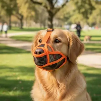 Muselière pour chien orange portée par un golden retriever assis dans un parc ensoleillé