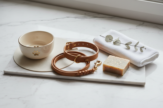 Accessoires pour chien propres et bien entretenus : collier, laisse, gamelle en céramique et tapis de gamelle sur fond marbre blanc