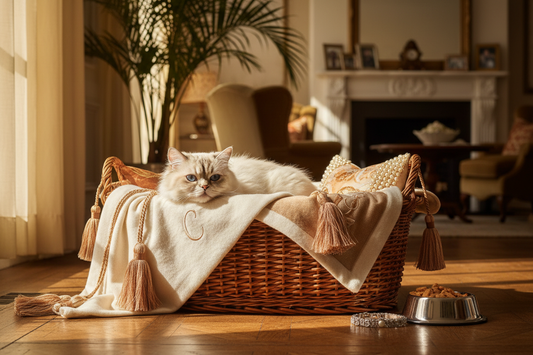 Chat installé dans un panier en osier douillet - panier pour chat premium Royaume Animalier
