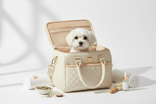Chien élégant installé dans un sac de transport premium, style éditorial, accessoires voyage chien haut de gamme
