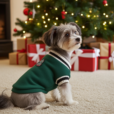 Petit chien assis devant arbre de noël