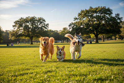 Chiens heureux qui jouent en plein air par une belle journée d'été ensoleillée — Royaume Animalier 