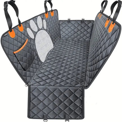 Housse protection chien pour voiture – housse matelassée noire dépliée avec empreinte de patte grise et sangles de fixation orange