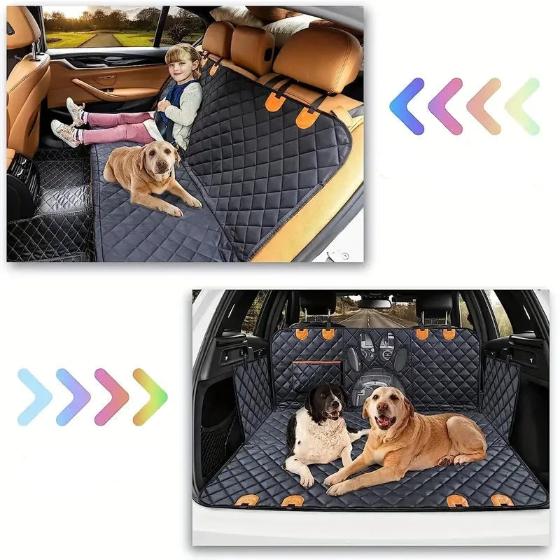 Housse protection chien pour voiture – collage montrant l'installation complète, les rabats latéraux et la protection des sièges avant