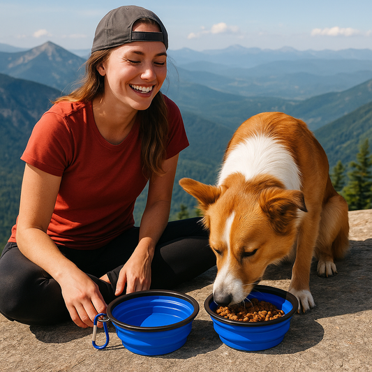 Gamelle pour chien Silicone chien avec son maitre sommet montagne