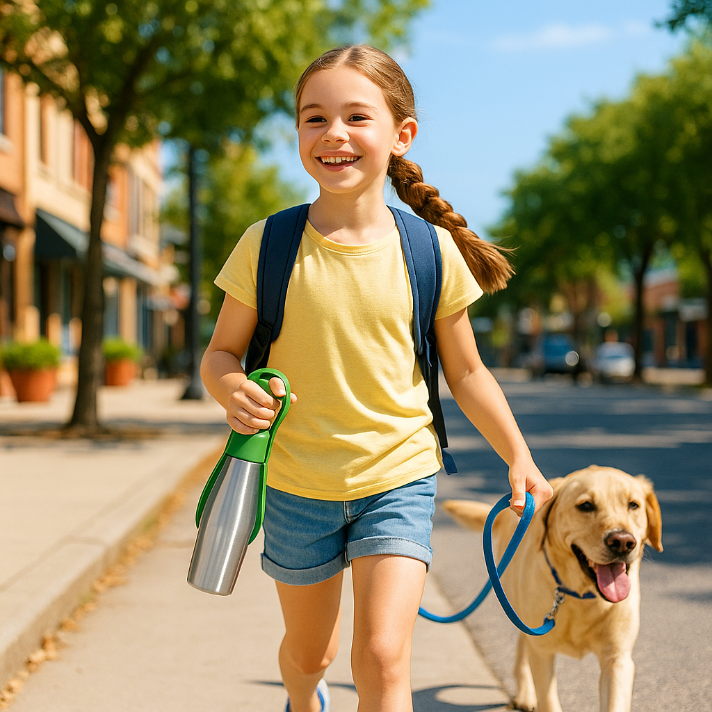 Gourde pour chiens Acier inoxydable fillette promenade rue avec chien