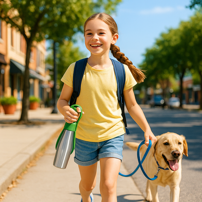 Gourde pour chiens Acier inoxydable fillette promenade rue avec chien