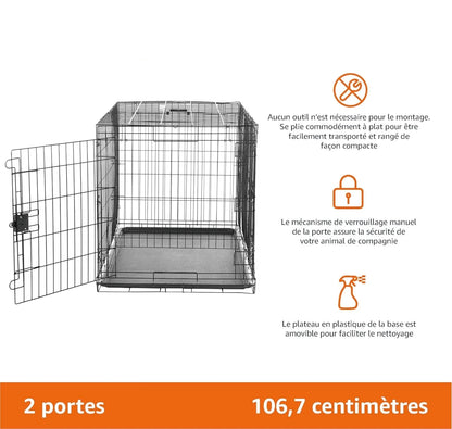 Cage de transport pour chien 2 portes 106,7 cm – infographie montage, verrouillage et nettoyage