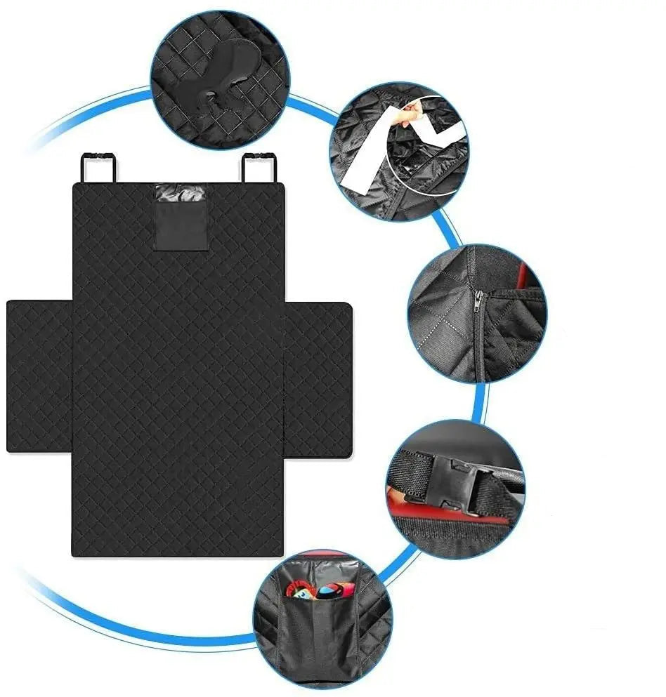 Housse de protection chien voiture – tapis coffre matelassé noir déplié avec détails des sangles, crochets et rabats latéraux