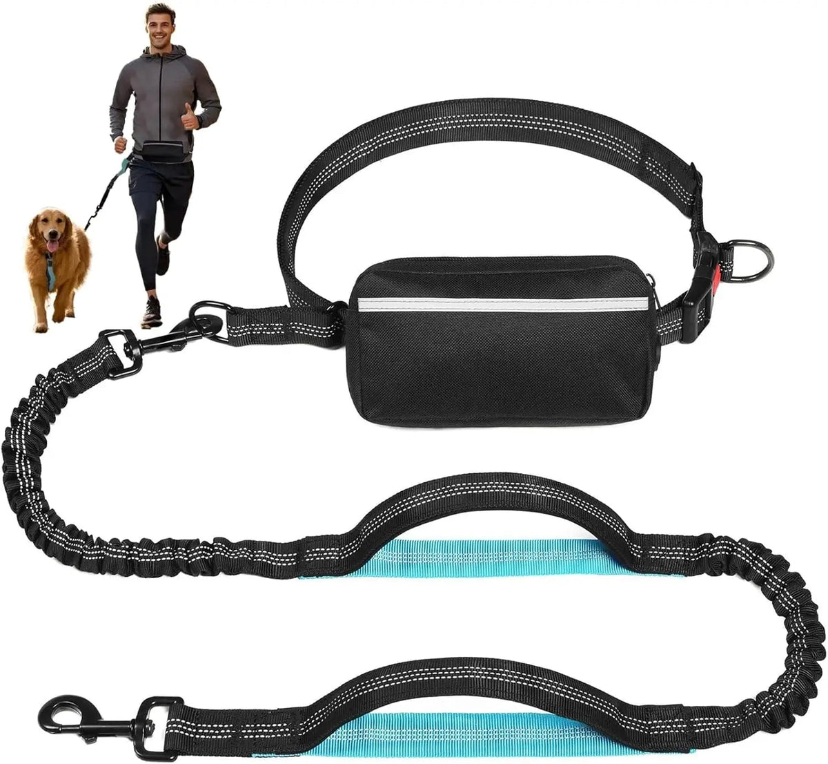Free Dog Leash with Zipper Pouch, Dual Padded Handles Running Leash for Medium and Large Dog, Retractable Bungee Waist Dog Leash Royaume Animalier