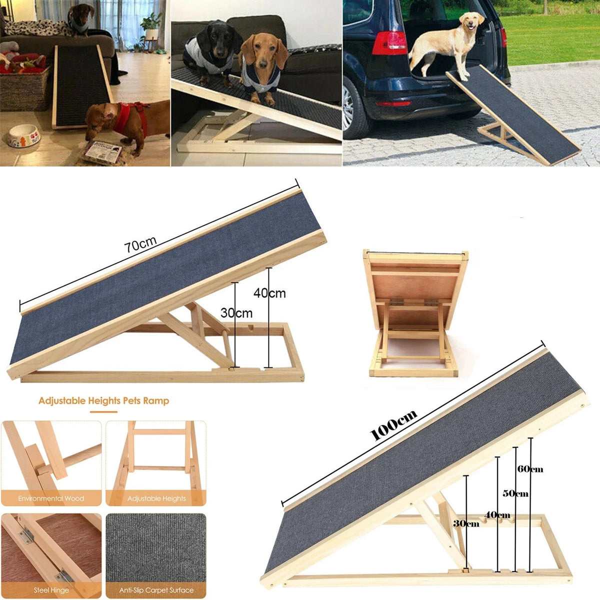 Rampe chien pour voiture antidérapante réglable montrée sous plusieurs angles avec ses détails
