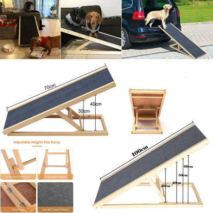 Rampe chien pour voiture antidérapante réglable montrée sous plusieurs angles avec ses détails