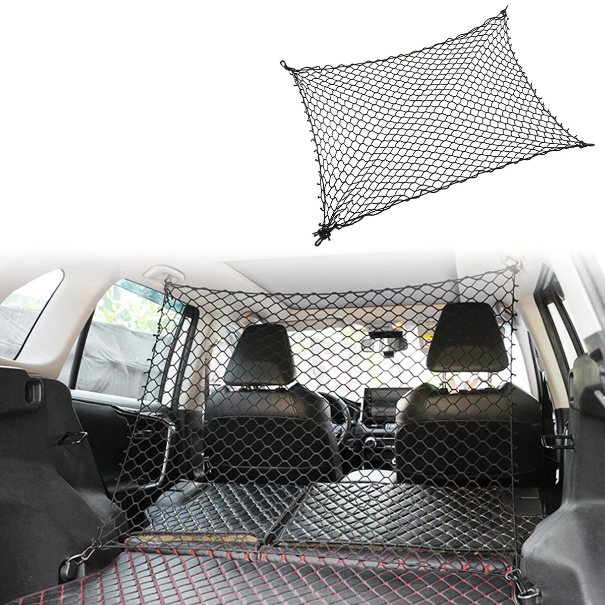 grille de protection coffre noire installée dans un SUV avec crochets élastiques rouges