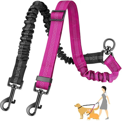 1.6ft Long Dual Dog Leash Attachment - Double Leashes for Training Small to Large Dogs - Adjustable Strap Shock Absorbing Bungee Royaume Animalier