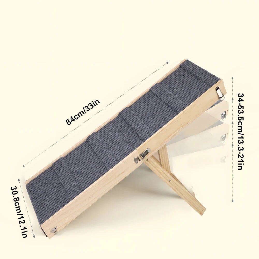 Rampe voiture chien pliable en bois présentée de profil avec dimensions