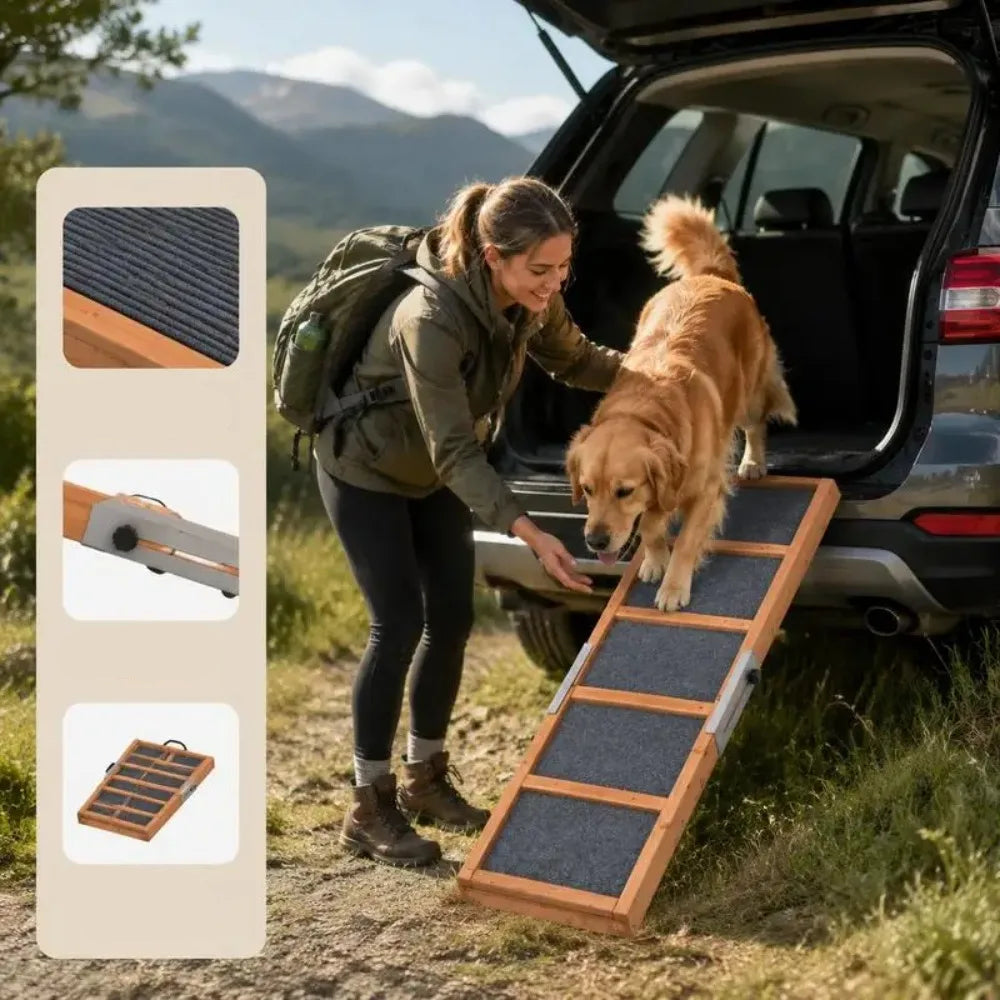 Rampe pour voiture pour chien en bois avec surface antidérapante et traverses de sécurité