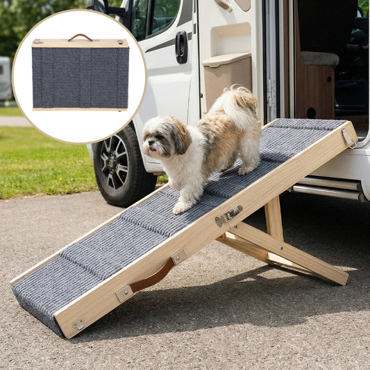 Rampe voiture chien pliable en bois utilisée par un chien pour descendre de la  voiture